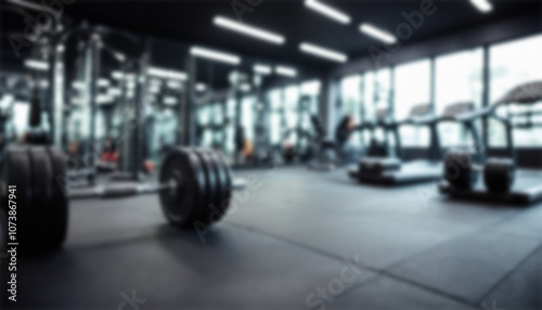blurred gym background, sports fitness room with treadmills and exercise equipment in defocus, and text copy space