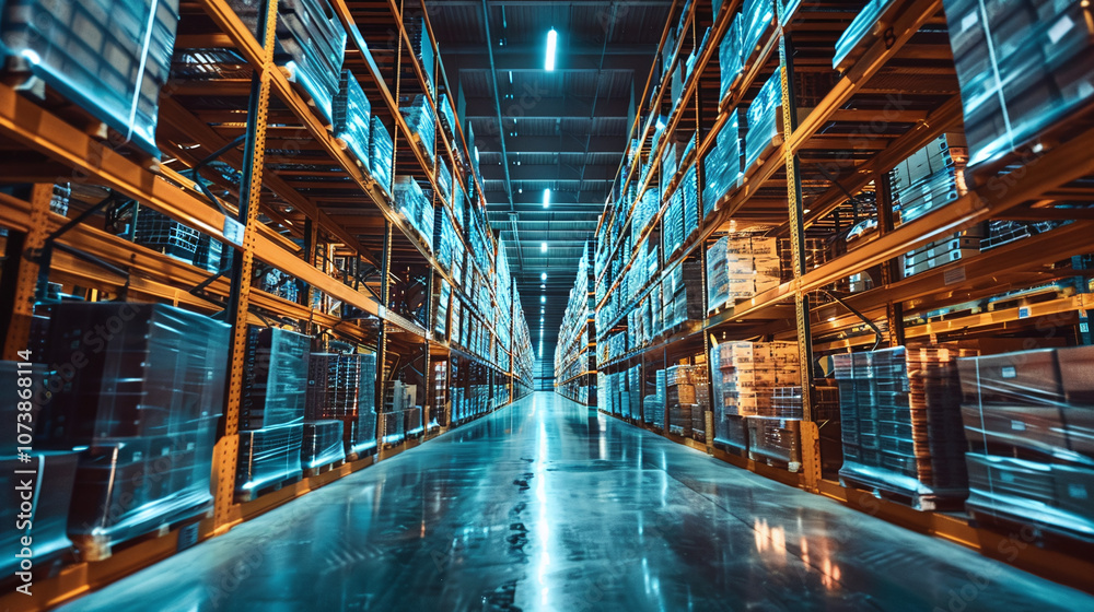 A Vast Warehouse Featuring Rows of Meticulously Organized Shelves Filled With Various Goods Illuminated by Bright Overhead Lights During Daytime A Vast Warehouse Featuring Rows of Meticulously Organized Shelves Filled With Various Goods Illuminated by Bright Overhead Lights During Daytime