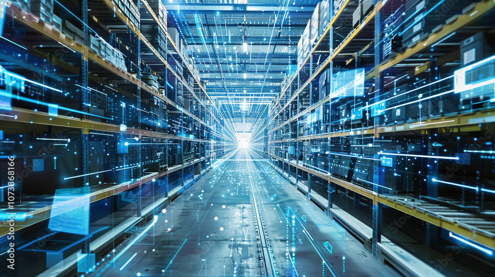 Innovative Storage Facility With Advanced Technology Displaying Interconnected Systems and Data Flow in a Modern Warehouse Environment Innovative Storage Facility With Advanced Technology Displaying Interconnected Systems and Data Flow in a Modern Warehouse Environment