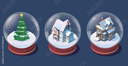 Three glass balls depicting winter landscapes with snow. Vector illustration