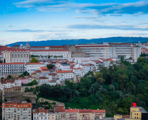 University of Coimbra. Aerial view of Coimbra city old town on the hill. Panoramic drone cityscape, Portugal