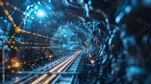 Illuminated Underground Tunnel With Tracks and Digital Network Visualization Representing Advanced Mining Technology at Night