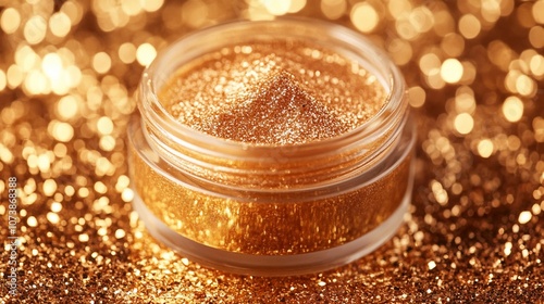 Close-up of a glass jar filled with golden glitter against a sparkling background.