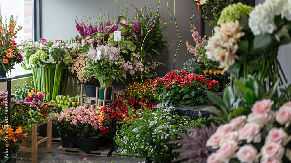 A Vibrant Flower Shop Filled With a Diverse Array of Fresh Blooms in Various Colors, Showcasing Seasonal Arrangements and Plants on Display During Daylight A Vibrant Flower Shop Filled With a Diverse Array of Fresh Blooms in Various Colors, Showcasing Seasonal Arrangements and Plants on Display During Daylight