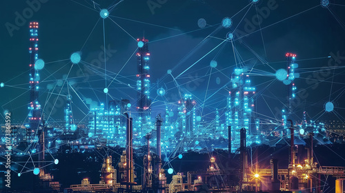 A Nighttime View of an Industrial Complex Illuminated With Lights and Digital Connections, Showcasing Modern Technology Integration in Manufacturing