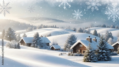 A picture of beautiful land that has snow and wooden house with winter vibes