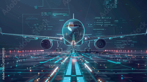 Futuristic Airplane Design With Digital Elements and Holographic Technology Displayed Against a Dark Backdrop