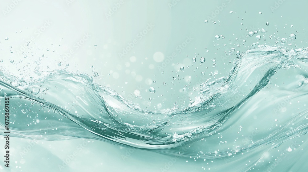 Abstract background with flowing water, splashing droplets, and soft light bokeh. Abstract background with flowing water, splashing droplets, and soft light bokeh.
