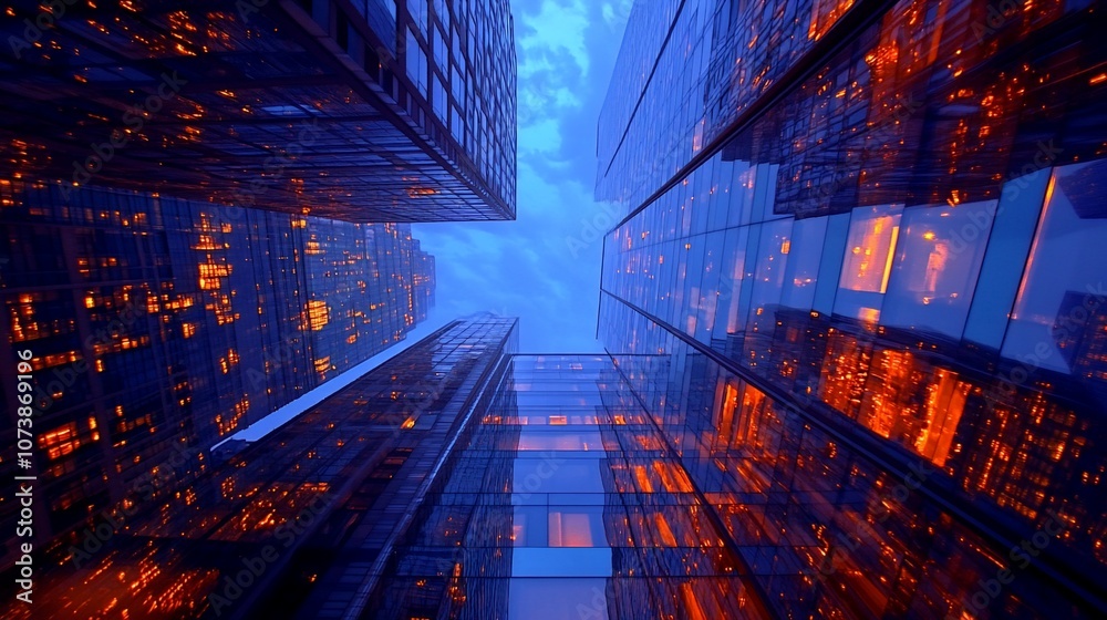 A low angle view of skyscrapers with glass facades reflecting the city lights and a blue sky. A low angle view of skyscrapers with glass facades reflecting the city lights and a blue sky.