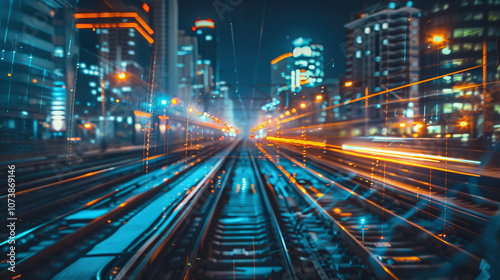 Nighttime Urban Railway Tracks Illuminated by City Lights With Motion Blur Effects Creating a Vibrant Atmosphere