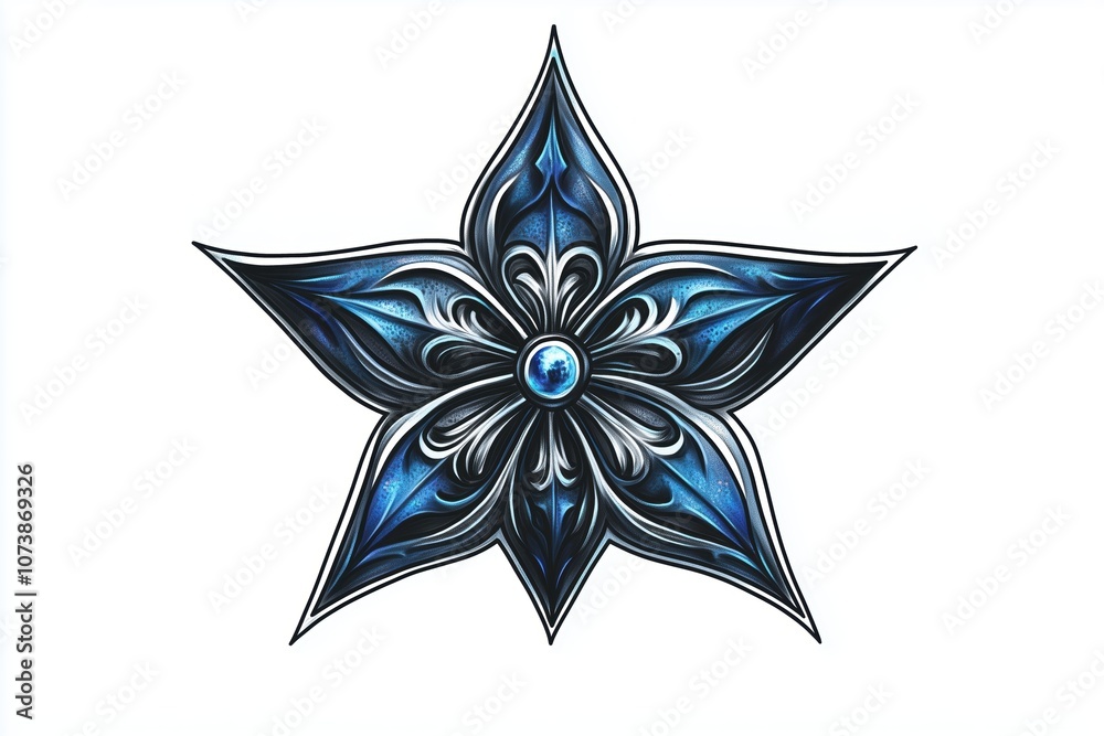 Metallic Star Tattoo in Blue and Silver with Sharp Edges