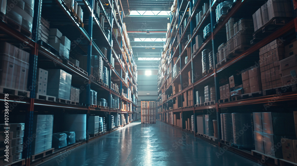 Long Corridor in a Large Warehouse Filled With Neatly Stacked Boxes and Pallets on Either Side, Illuminated by Sunlight Filtering Through the Windows Above Long Corridor in a Large Warehouse Filled With Neatly Stacked Boxes and Pallets on Either Side, Illuminated by Sunlight Filtering Through the Windows Above