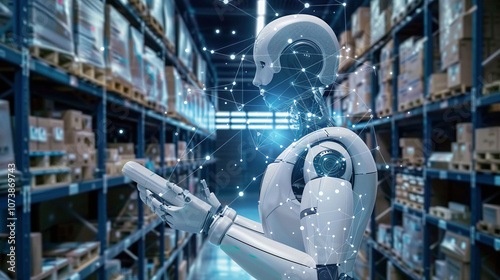 A Humanoid Robot Interacts With Digital Data in a Futuristic Warehouse Filled With Shelves of Products During the Day, Showcasing Advanced Technology and Automation