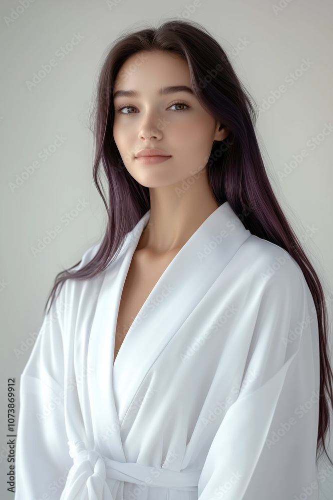 Elegant portrait of a young woman with soft purple-tinted hair, dressed in a white robe, exuding calm confidence. Elegant portrait of a young woman with soft purple-tinted hair, dressed in a white robe, exuding calm confidence.