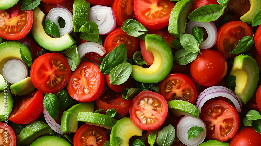 Fresh tomato and avocado salad with onions and basil, vibrant colors and textures create delicious and healthy dish. Perfect for summer meals or as side Fresh tomato and avocado salad with onions and basil, vibrant colors and textures create delicious and healthy dish. Perfect for summer meals or as side