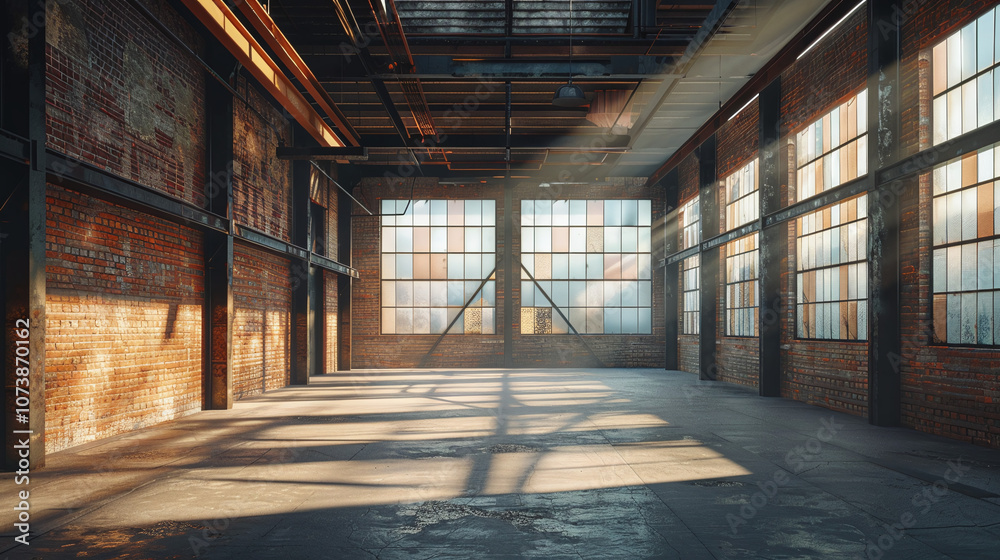 A Large Industrial Space Featuring Towering Windows, Sunlight Streaming In, and Brick Walls in a Renovated Warehouse
