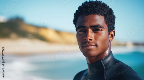 Confident young black surfer in wetsuit at sunny beach