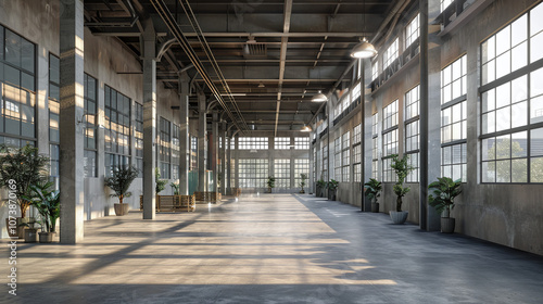 A Spacious Modern Industrial Interior Featuring Large Windows and Potted Plants, Designed to Create an Airy and Bright Atmosphere in an Urban Setting