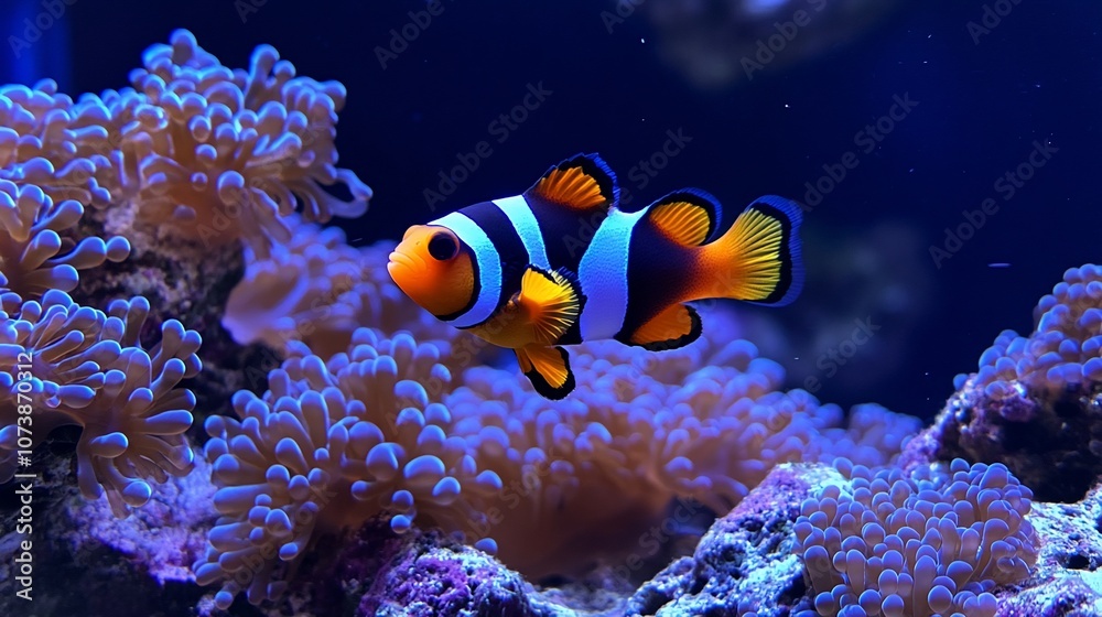 Fototapeta premium A vibrant clownfish swims among purple and orange anemones in a blue aquarium.