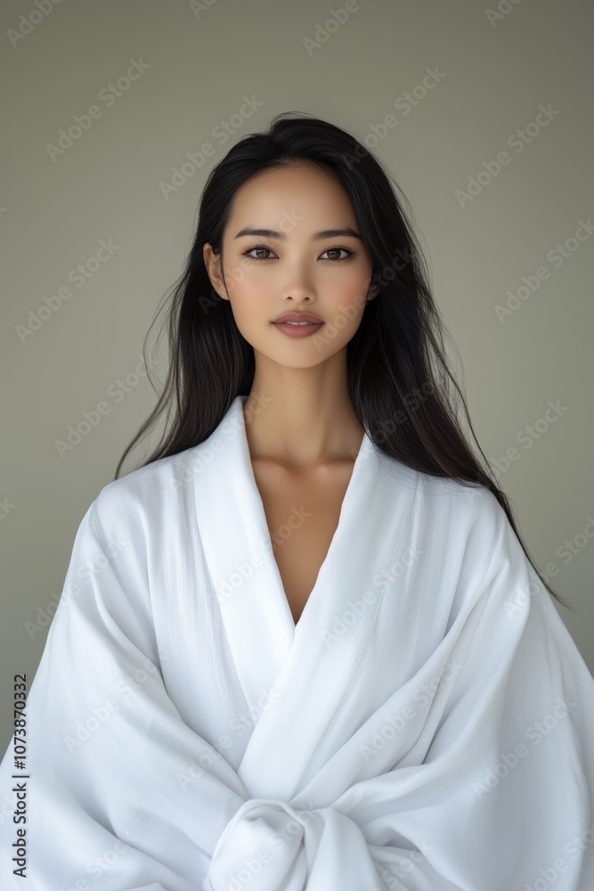 Portrait of a young woman with natural beauty and serene expression, dressed in a soft white robe, exuding calmness. Portrait of a young woman with natural beauty and serene expression, dressed in a soft white robe, exuding calmness.