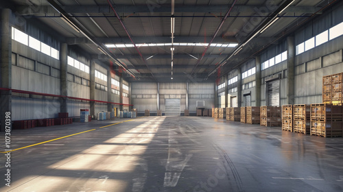 A Spacious Industrial Warehouse Interior With Natural Light Streaming Through Large Windows Illuminating Wooden Pallets on the Floor During the Daytime