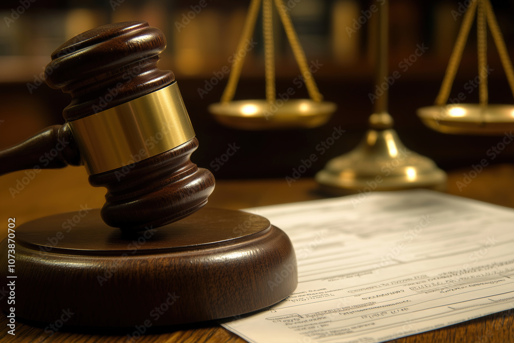 A wooden gavel rests on a desk beside legal documents and scales of justice in a law office during a calm afternoon. Generative AI A wooden gavel rests on a desk beside legal documents and scales of justice in a law office during a calm afternoon. Generative AI