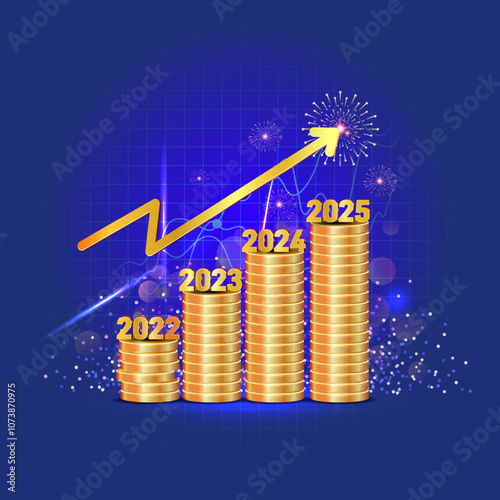 Happy New Year 2025 background with graph, money bar and finacial growth arrow design.