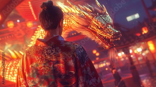 Anime Man in a Kimono Robe with a Dragon Background photo