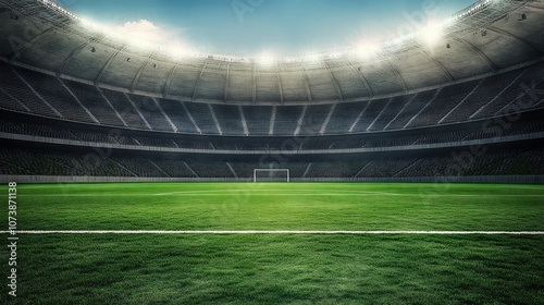 A Wide View of an Empty Soccer Stadium With Bright Floodlights Illuminating a Well-Maintained Green Pitch Before the Match Begins in the Evening
