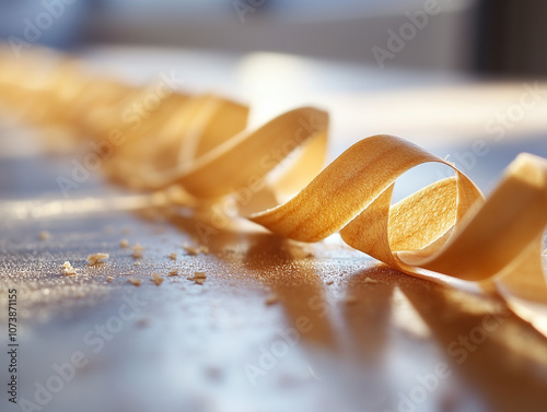  Single wood shaving curl on a wooden surface with sunlight