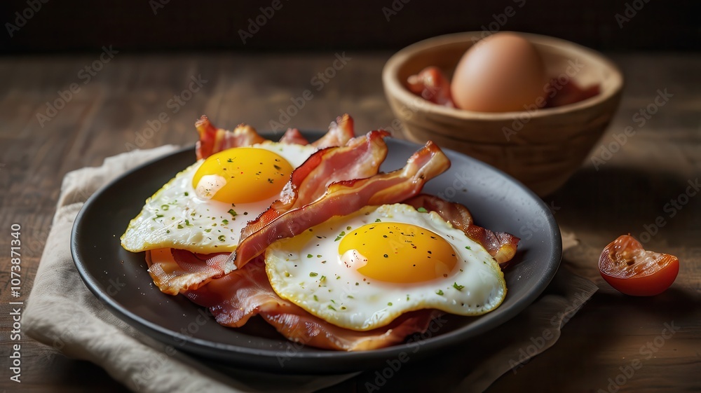 Scrambled eggs with bacon mustard background Scrambled eggs with bacon mustard background
