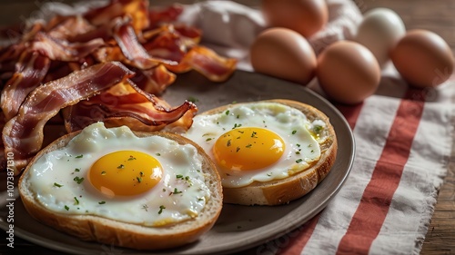 Scrambled eggs with bacon mustard background