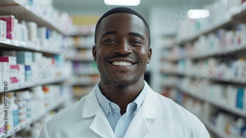 A Smiling Pharmacist Stands Confidently in a Well-Organized Pharmacy Aisle Surrounded by Shelves Filled With Various Medications During Daylight Hours