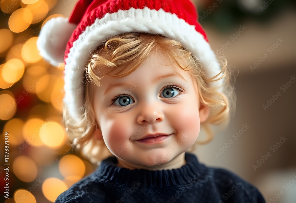 Cheerful Child in Santa Hat with Festive Bokeh Lights Created with Generative AI Cheerful Child in Santa Hat with Festive Bokeh Lights Created with Generative AI