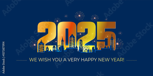 Vector illustration of New Year 2025 celebration background with modern decorated building, city skyline and fireworks sky. photo