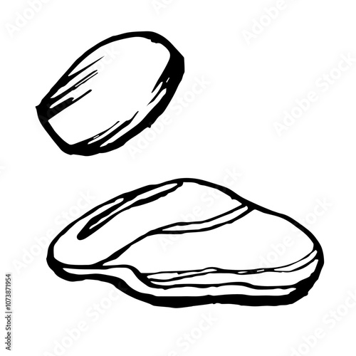 Stones sketch. Vector monochrome illustrations of Natural stone in outline style. Hand drawings in black and white graphics. Outline doodle rock structure. Pebble and boulders painted by black inks