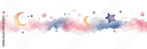 watercolor clouds crescent moons colorful stars whimsical seamless pattern transparent background