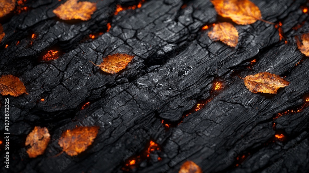 A textured surface of charred wood with glowing embers and scattered autumn leaves. A textured surface of charred wood with glowing embers and scattered autumn leaves.