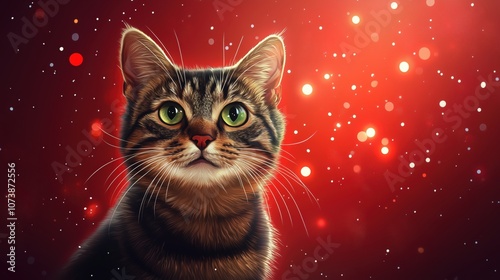 Tabby Cat against Red Background with Bokeh Light Effect