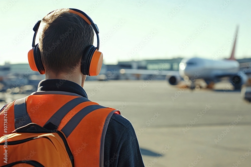 Airport ground crew member wearing protective headphones and a high-visibility vest stands on the tarmac, overseeing aircraft operations and ensuring safety procedures are followed Airport ground crew member wearing protective headphones and a high-visibility vest stands on the tarmac, overseeing aircraft operations and ensuring safety procedures are followed