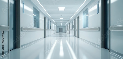 A quiet hospital corridor with glossy white floors and soft ambient lighting, creating a calm and professional atmosphere.