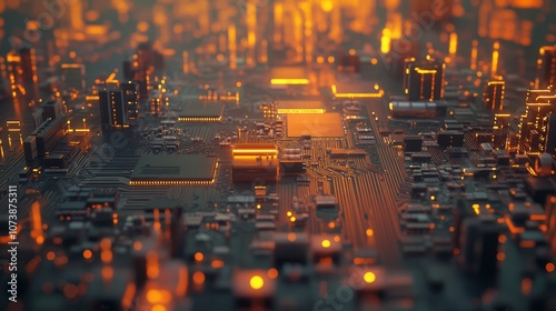 A futuristic city built on a circuit board with glowing orange lights.