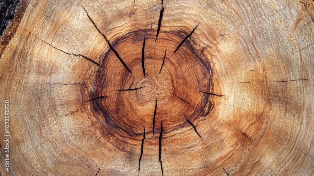 Naklejka premium Close-up of the intricate grain patterns of a tree trunk cross-section. The rings reveal its age and growth story.