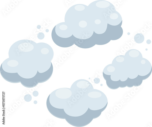Four cartoon style clouds float against a white background, creating a serene and dreamy atmosphere