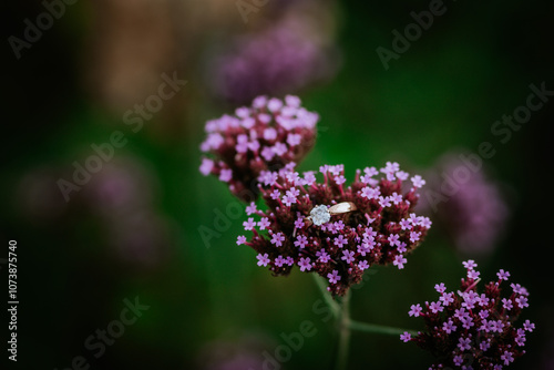 A diamond engagement ring rests delicately on a cluster of small purple flowers, set against a lush green blurred background, creating a romantic scene.. photo