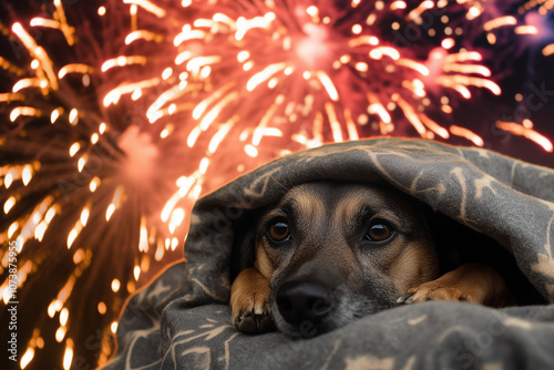 Frightened dog hiding under a blanket scared of fireworks with fireworks exploding in background
