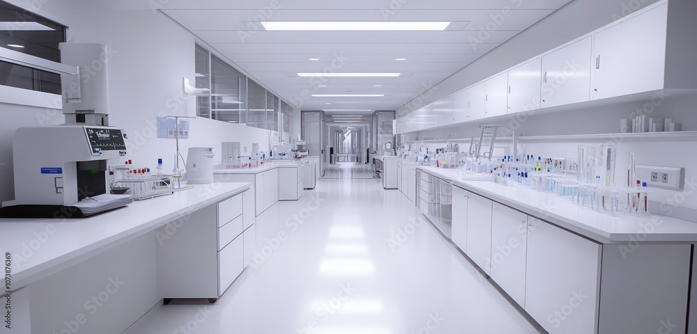 A sterile hospital lab for testing samples, bright lighting, clean white counters, and advanced diagnostic equipment. A sterile hospital lab for testing samples, bright lighting, clean white counters, and advanced diagnostic equipment.