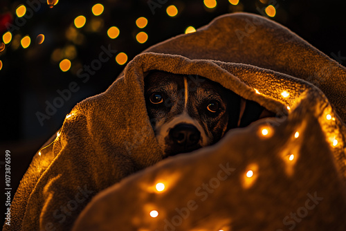 Concept of a scared dog frightened and hiding from fireworks or firecrackers
