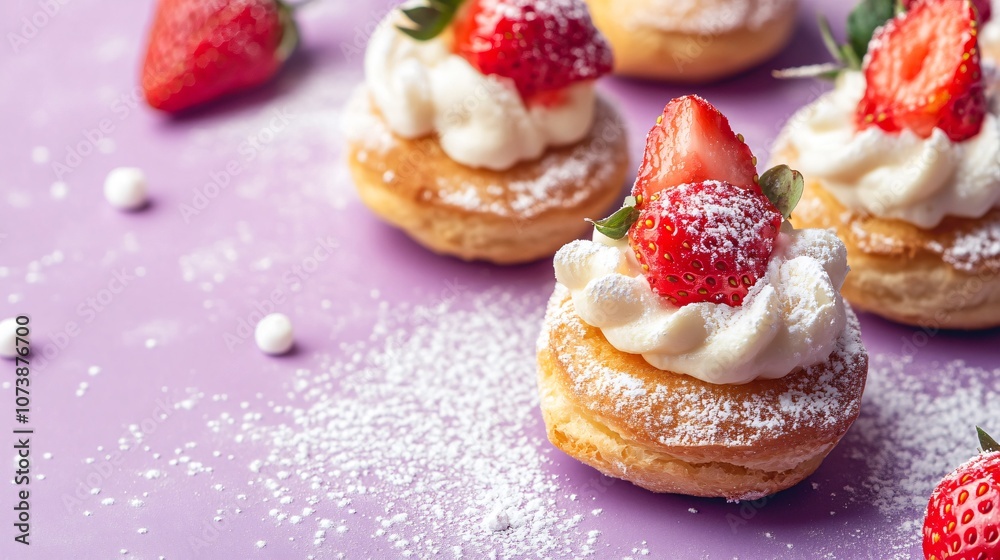 Cream puffs topped with fresh strawberries, isolated on a lavender background with sugar dust and white decorative accents Cream puffs topped with fresh strawberries, isolated on a lavender background with sugar dust and white decorative accents