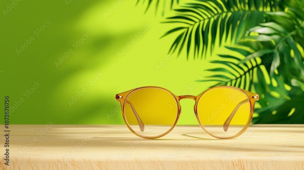 Stylish Round Sunglasses with Yellow Lenses on Wooden Table Surrounded by Lush Green Foliage, Perfect for Summer Vibe and Outdoor Fashion